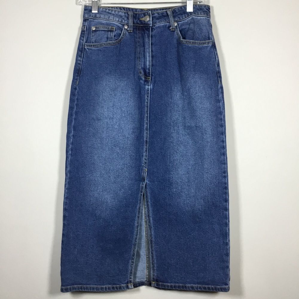 Blue denim cotton maxi pencil skirt front slit western chores prairie size Small